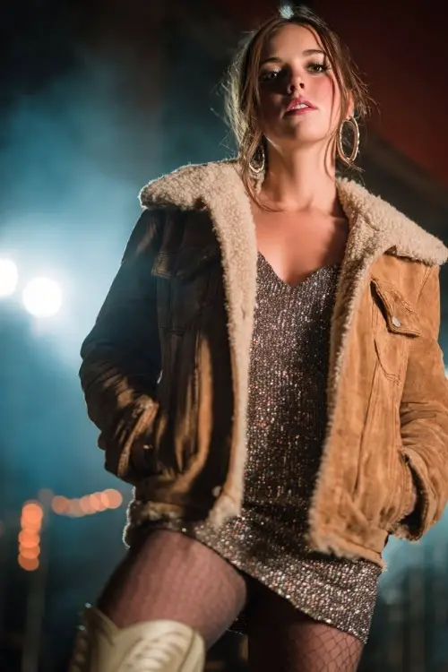 A woman wears a shearling-lined leather jacket over a sequin mini dress, paired with tights and western boots, styled with hoop earrings at a glowing country stage