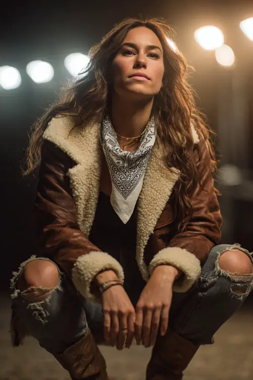 A woman wears a shearling-lined leather jacket, ripped jeans, and pointed cowboy boots, styled with a bandana scarf under glowing concert lights 