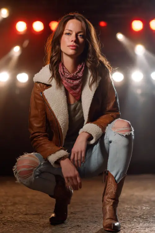 A woman wears a shearling-lined leather jacket, ripped jeans, and pointed cowboy boots, styled with a bandana scarf under glowing concert lights 