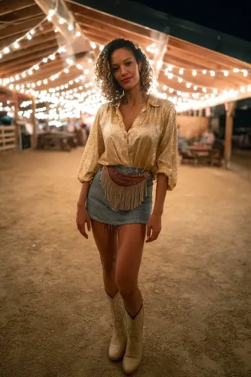 A woman wears a sparkly gold blouse tucked into a denim mini skirt, styled with cowboy boots and a fringe crossbody bag, standing under twinkling lights at a barn concert 