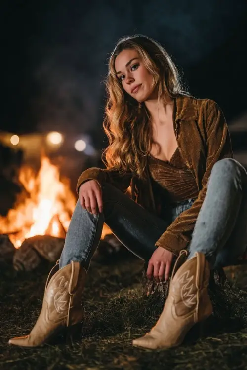 A woman wears a velvet long sleeve top tucked into skinny jeans, paired with a suede jacket and pointed-toe cowboy boots, standing near a bonfire at a cold night festival 