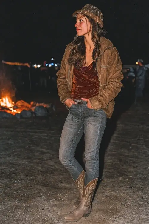 A woman wears a velvet long sleeve top tucked into skinny jeans, paired with a suede jacket and pointed-toe cowboy boots, standing near a bonfire at a cold night festival 