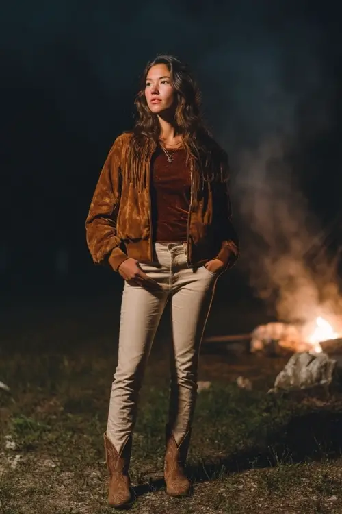 A woman wears a velvet long sleeve top tucked into skinny jeans, paired with a suede jacket and pointed-toe cowboy boots, standing near a bonfire at a cold night festival 