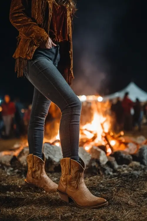 A woman wears a velvet long sleeve top tucked into skinny jeans, paired with a suede jacket and pointed-toe cowboy boots, standing near a bonfire at a cold night festival