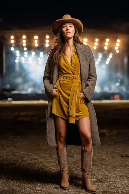 A woman wears a velvet wrap dress layered with a long wool coat, styled with tall cowboy boots and a wide-brim felt hat, standing in front of a night concert stage glowing with spotlights 