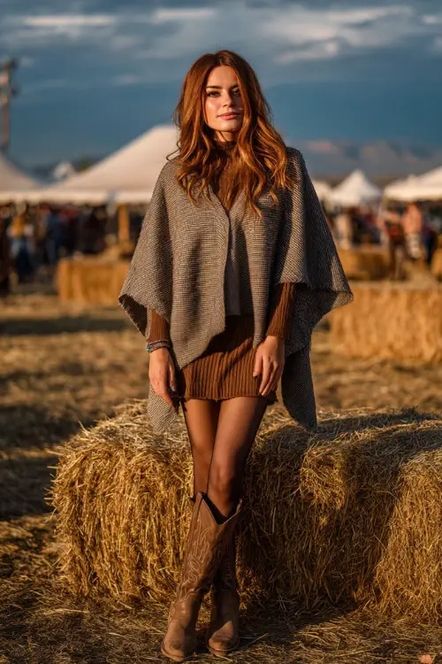 A woman wears a wool poncho layered over a sweater dress, styled with tights and western boots, standing by a hay bale at an outdoor concert venue 