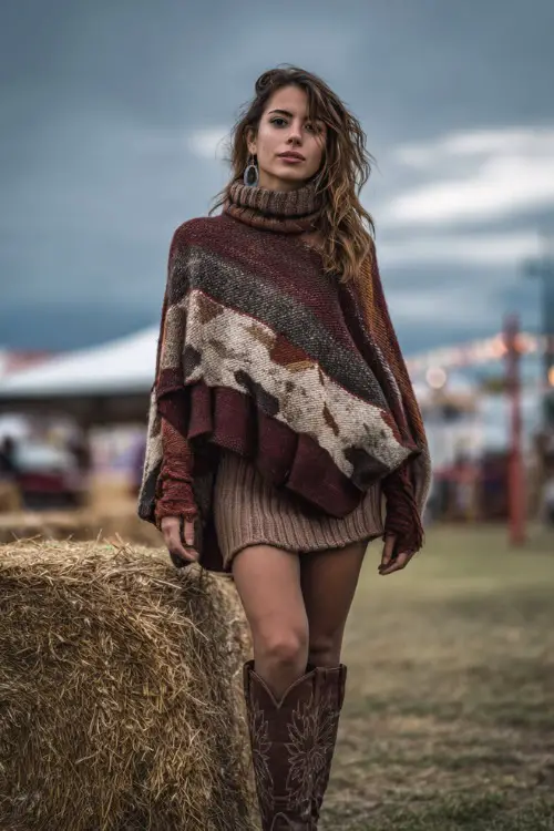 A woman wears a wool poncho layered over a sweater dress, styled with tights and western boots, standing by a hay bale at an outdoor concert venue 