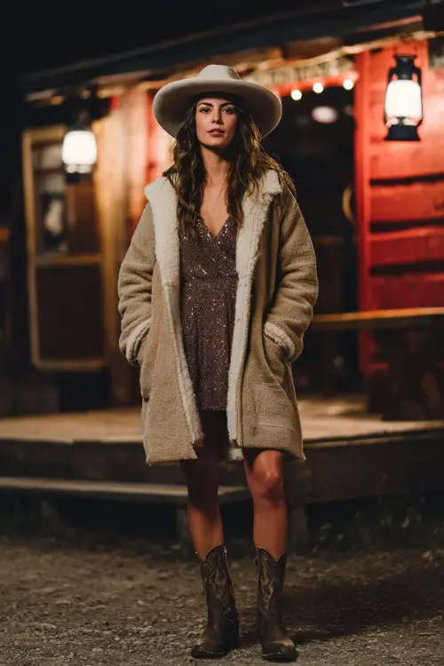 A woman wears a wool wrap coat layered over a sequin mini dress, styled with western boots and a wide-brim felt hat, standing in front of a rustic stage lit by lanterns 
