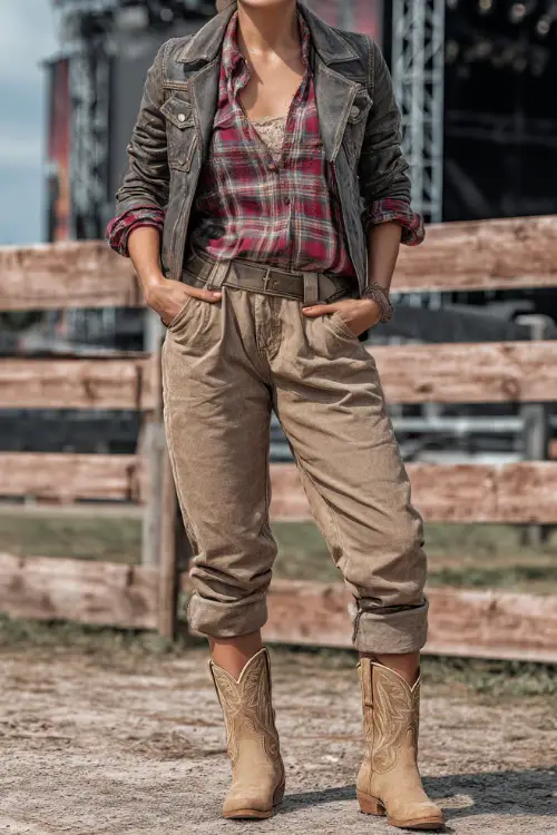 A woman wears boyfriend jeans cuffed at the ankle with a plaid flannel shirt layered under a leather jacket, paired with suede cowboy boots