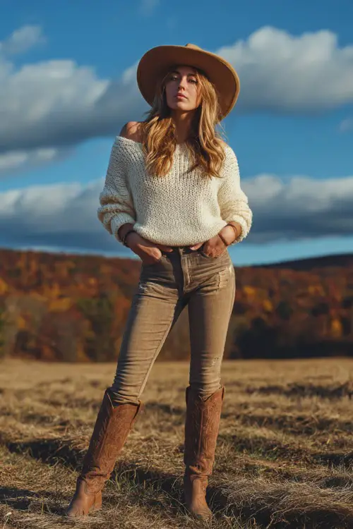 A woman wears distressed skinny jeans with a chunky knit sweater tucked in, styled with a wide-brim felt hat and tall western boots, standing in a concert field with autumn trees 