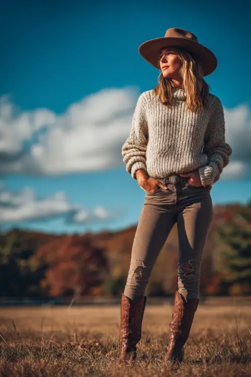 A woman wears distressed skinny jeans with a chunky knit sweater tucked in, styled with a wide-brim felt hat and tall western boots, standing in a concert field with autumn trees 