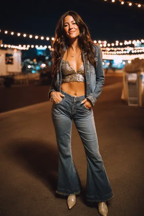A woman wears flared jeans with a sequined cami top and a cropped denim jacket, styled with pointed cowboy boots at a nighttime fall concert with twinkling lights 