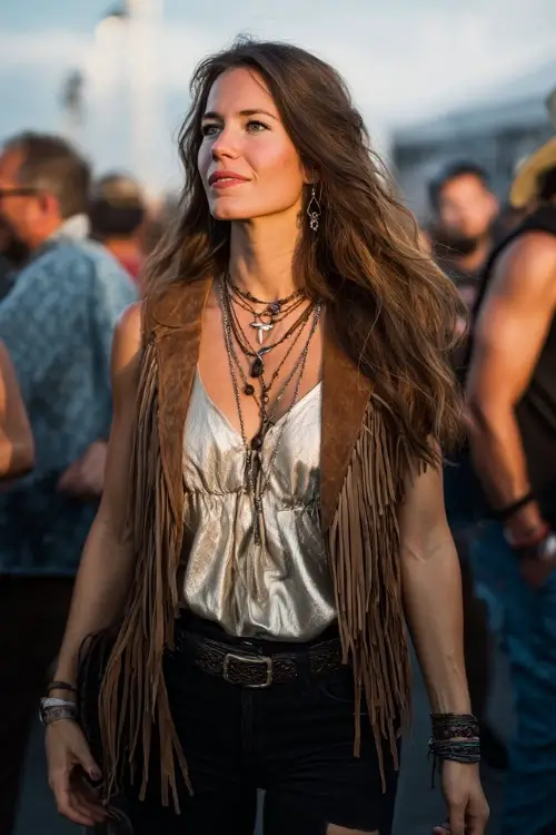 A woman wears ripped black jeans, a metallic blouse, and a fringe suede vest, styled with cowboy boots and layered necklaces at a rowdy fall night outdoor concert 