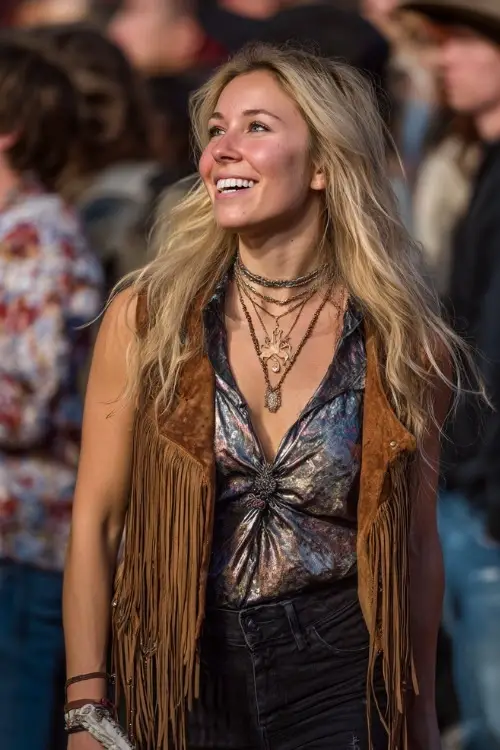A woman wears ripped black jeans, a metallic blouse, and a fringe suede vest, styled with cowboy boots and layered necklaces at a rowdy fall night outdoor concert