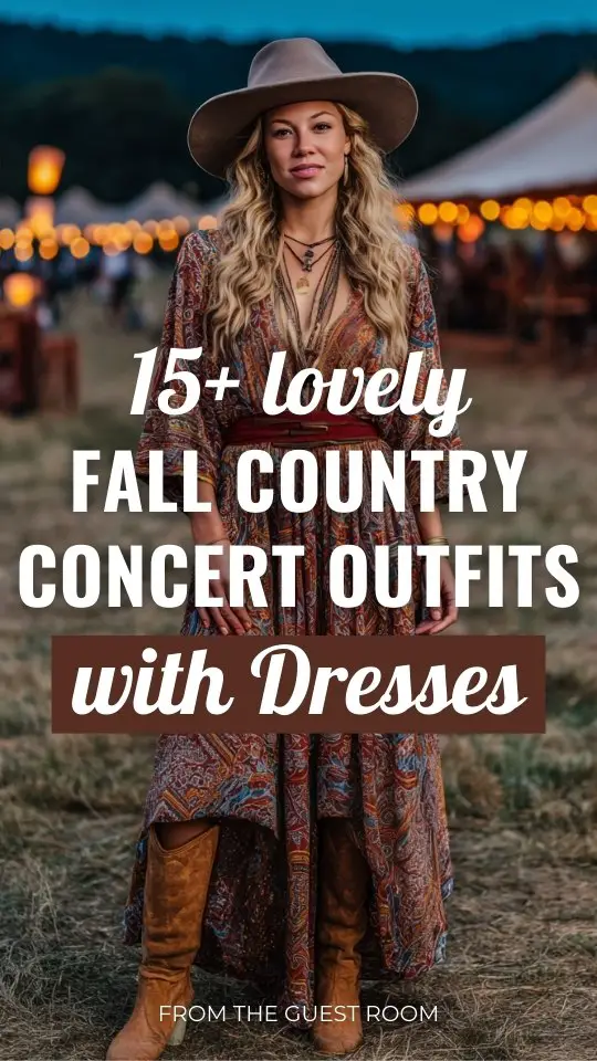 a woman wears a fall country concert outfit with a dress and brown cowboy boots