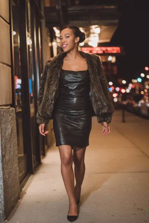 A Black woman in a fitted black leather mini dress with a cropped faux fur jacket and heels, walking confidently into a downtown cocktail bar on a chilly fall night