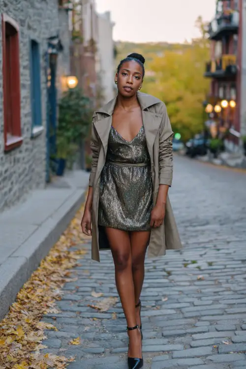 A Black woman in a metallic mini dress with an oversized trench coat and high heels, posing on a cobblestone street lined with fall leaves, full body outfit visible 