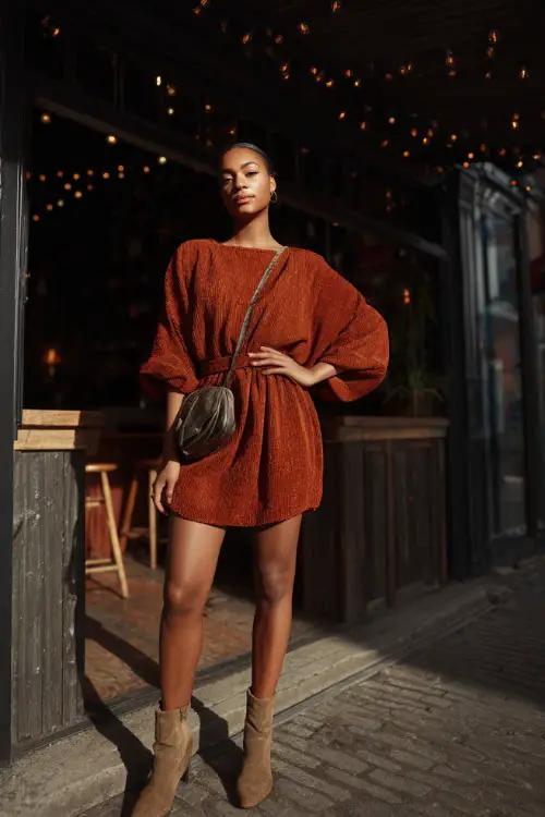 A Black woman in a rust-colored sweater dress with a belted waist, paired with ankle boots and a crossbody bag, standing outside a casual autumn bar with string lights 