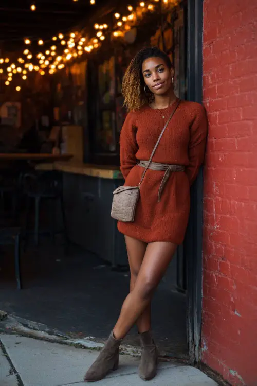 A Black woman in a rust-colored sweater dress with a belted waist, paired with ankle boots and a crossbody bag, standing outside a casual autumn bar with string lights