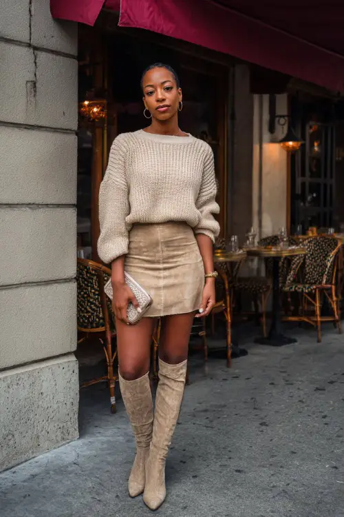 A Black woman wearing a beige knit sweater tucked into a suede mini skirt with knee-high boots, holding a clutch outside a chic wine bar, full body outfit visible 