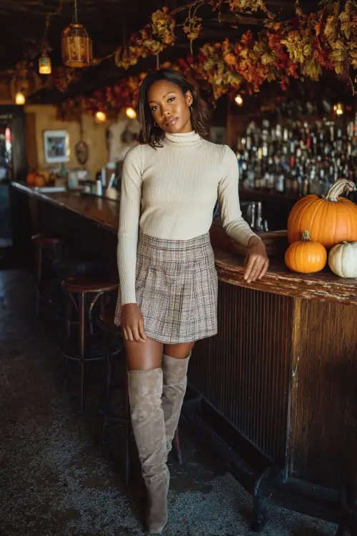 A Black woman wearing a plaid mini skirt, a fitted cream turtleneck, and over-the-knee suede boots, standing near a cozy bar with warm lights and pumpkins at the entrance