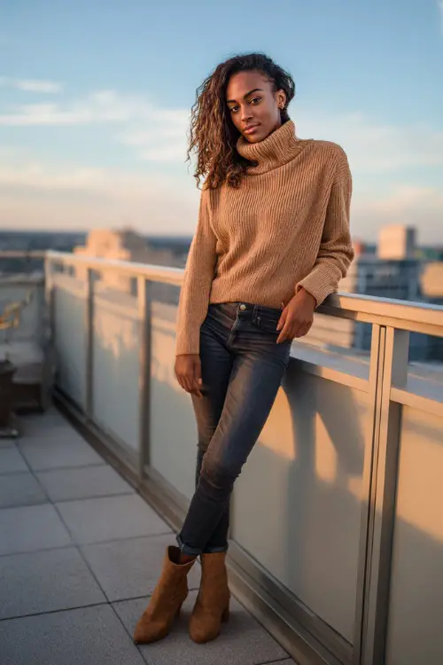 A Black woman wearing dark wash skinny jeans, a camel turtleneck sweater, and suede ankle boots, leaning on a city rooftop bar railing at sunset 
