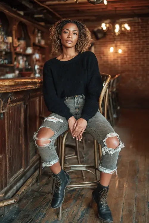 A Black woman wearing distressed jeans, a cropped black sweater, and lace-up ankle boots, sitting casually on a high bar stool inside a rustic fall bar 