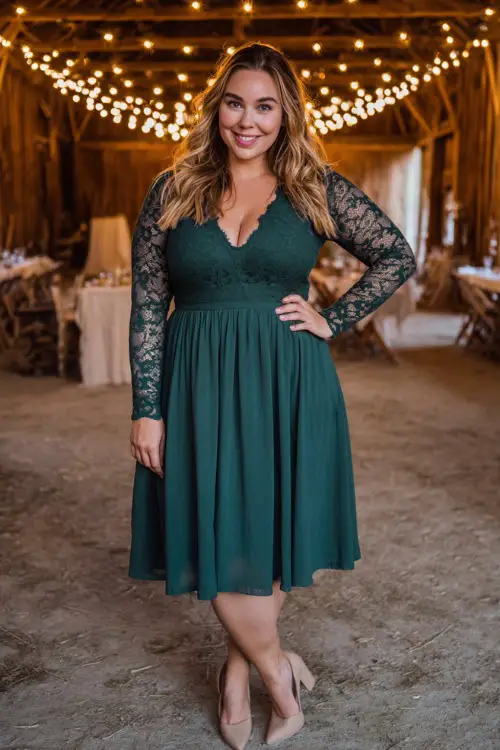 A plus-size woman wears a forest green long-sleeve lace midi dress with a fitted bodice and flowy skirt, styled with beige block heels