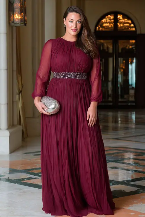A plus-size woman wears a long-sleeve maroon pleated chiffon gown with a cinched waist, accessorized with a jeweled belt and matching clutch, walking at an elegant hotel ballroom wedding 