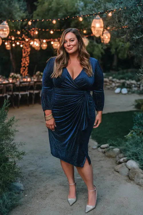 A plus-size woman wears a midnight blue wrap midi dress with subtle shimmer, styled with pointed-toe heels and a statement bracelet 
