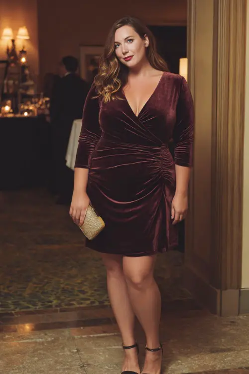 A plus-size woman wears a rich plum velvet cocktail dress with a V-neckline and three-quarter sleeves, styled with ankle strap heels and a small clutch 