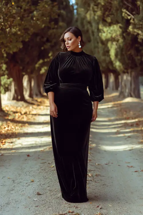 A plus-size woman wears a sleek black velvet gown with long bishop sleeves and a defined waistline, styled with pearl earrings and heels 
