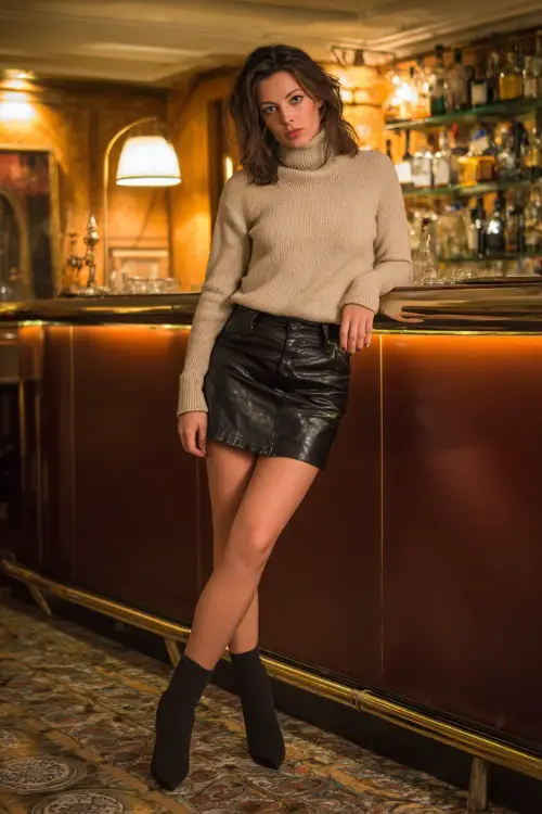 A woman in a black leather mini skirt, beige turtleneck sweater, and heeled ankle boots, leaning against a bar counter with warm lighting, full body outfit visible