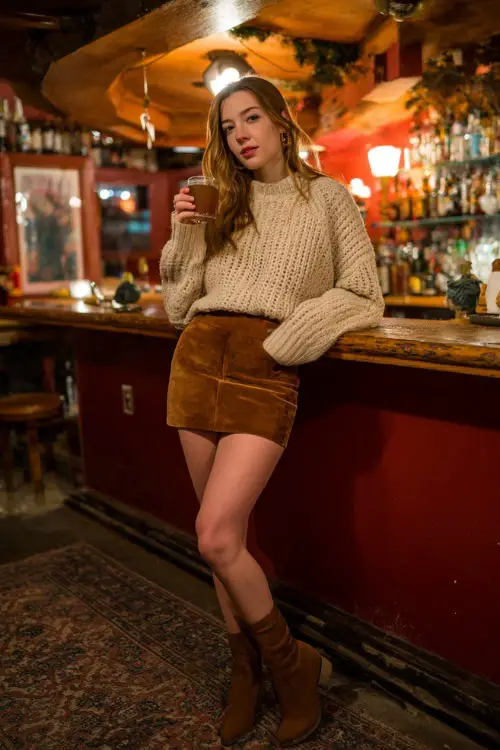 A woman in a camel suede mini skirt, an oversized knit sweater, and ankle boots 