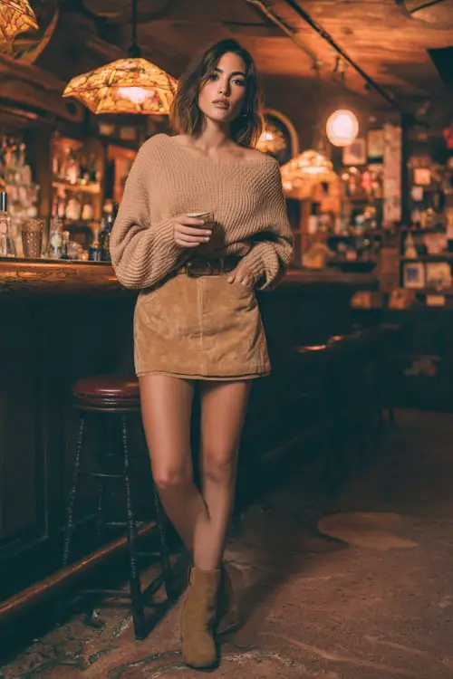 A woman in a camel suede mini skirt, an oversized knit sweater, and ankle boots