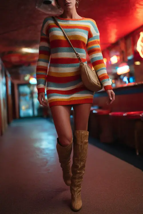 A woman in a casual striped sweater dress paired with knee-high boots and a crossbody bag, walking into a lively fall bar with neon lights