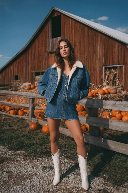 A woman in a denim mini dress paired with a shearling-lined suede jacket and sleek white cowboy boots, standing near a rustic barn decorated with pumpkins 