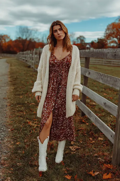 A woman in a floral maxi dress styled with a chunky knit cardigan and white cowboy boots 