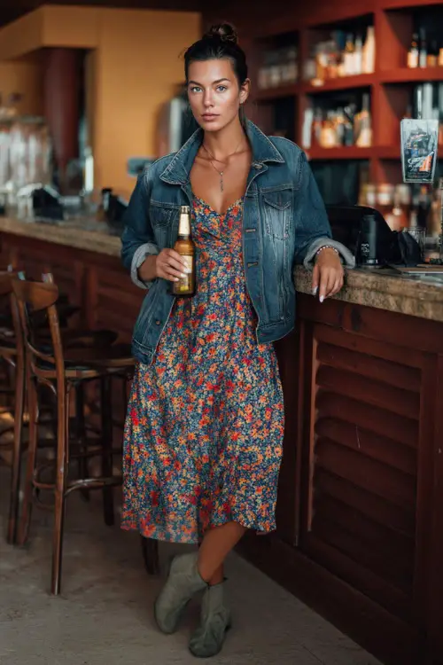 A woman in a floral midi dress layered with a denim jacket and ankle boots, holding a beer bottle inside a casual fall bar 