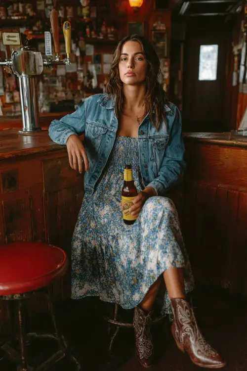 A woman in a floral midi dress layered with a denim jacket and ankle boots, holding a beer bottle inside a casual fall bar, full body outfit visible 