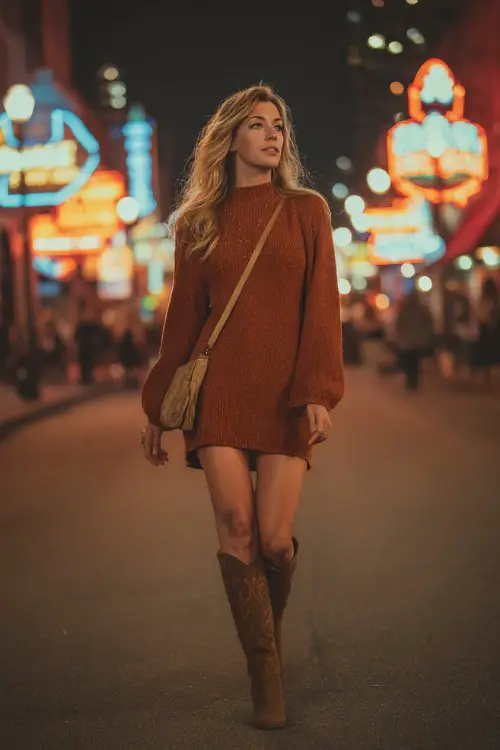A woman in a rust-colored sweater dress with knee-high boots and a crossbody bag 