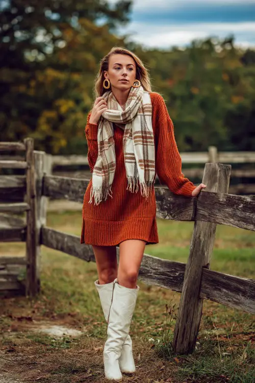 A woman in a rust-orange sweater dress styled with hoop earrings, a plaid scarf, and white boots 