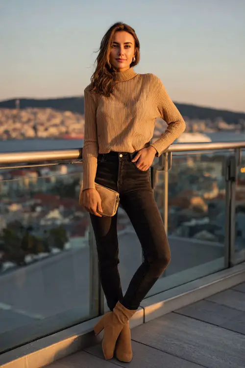 A woman in a sleek camel ribbed turtleneck tucked into dark skinny jeans, paired with tan ankle boots and a minimalist clutch, leaning casually on a rooftop bar railing at sunset 
