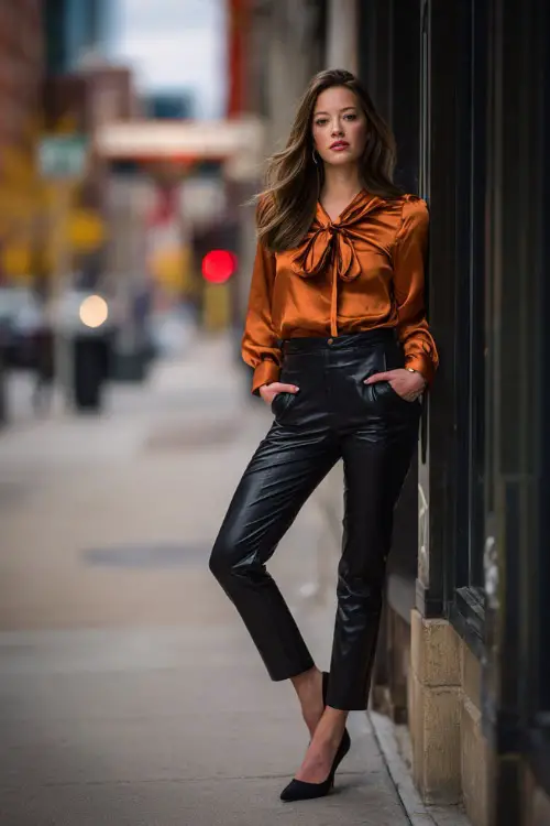 A woman in black leather pants, a burnt orange satin blouse, and pointed heels, posing confidently outside a downtown fall bar, full body outfit visible