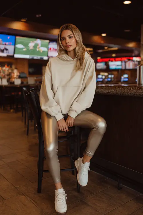 A woman in faux leather leggings, a beige oversized hoodie, and white sneakers, sitting at a casual sports bar with flat-screen TVs in the background 