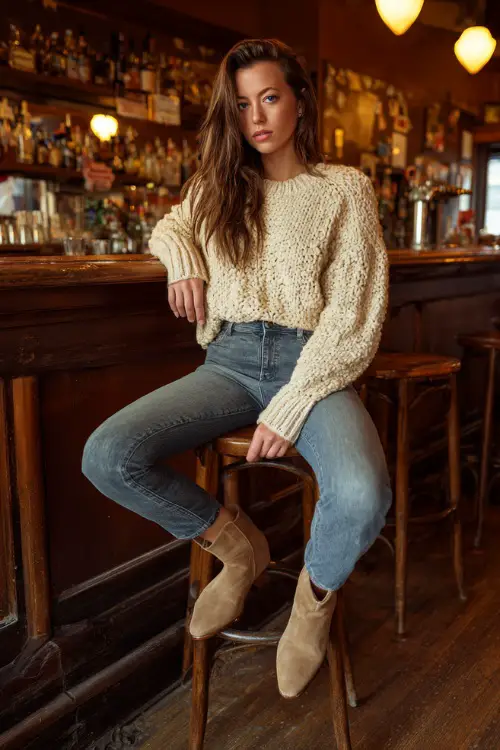A woman in high-waisted blue jeans, a cream chunky knit sweater, and suede ankle boots, sitting casually on a wooden bar stool in a cozy fall bar 