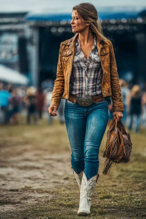 A woman in skinny blue jeans tucked into pointed white cowboy boots, plaid shirt, and a leather jacket 