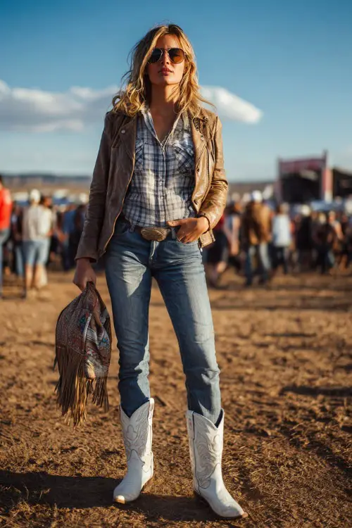 A woman in skinny blue jeans tucked into pointed white cowboy boots, plaid shirt, and a leather jacket