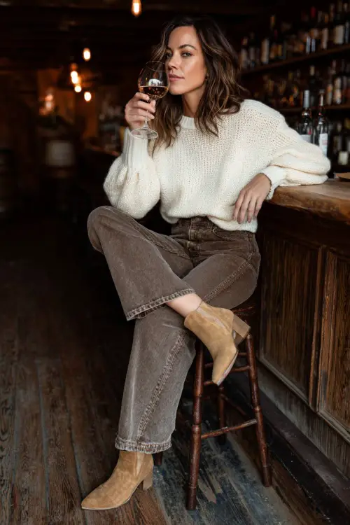 A woman in wide-leg jeans, a fitted cream sweater, and suede ankle boots, sipping wine at a casual fall bar with wooden interiors, full body outfit visible 
