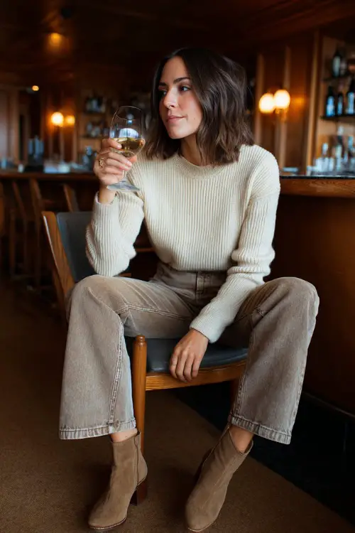 A woman in wide-leg jeans, a fitted cream sweater, and suede ankle boots, sipping wine at a casual fall bar with wooden interiors, full body outfit visible 